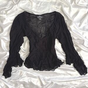 Angie Black Crinkle Gauze Ruffle Sleeve V-Neck Blouse Sheer Gothic Boho Top M